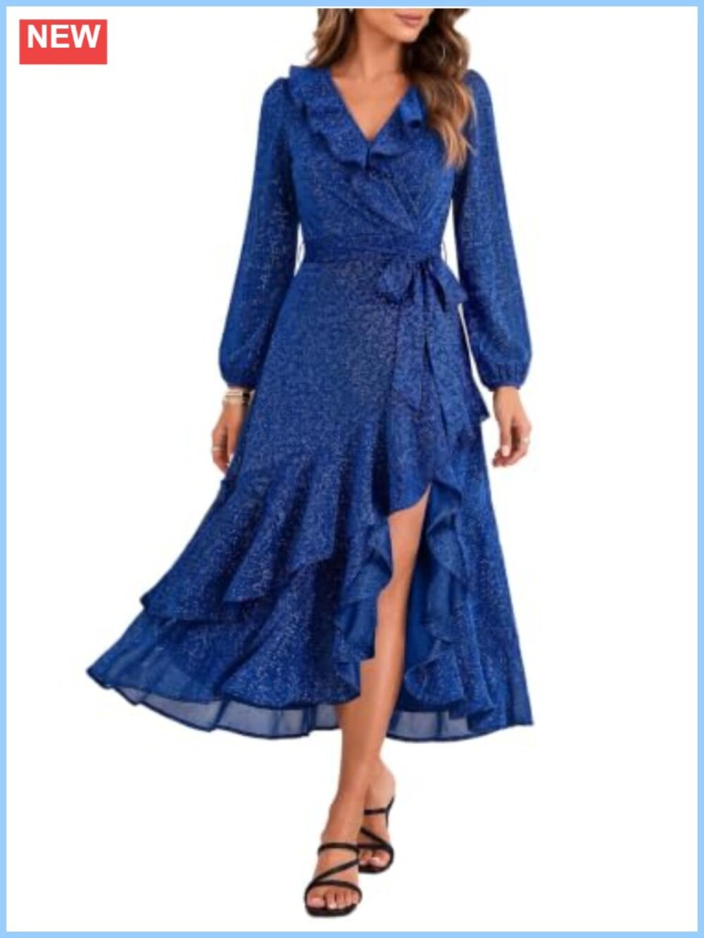 Womens Sequin Long Sleeve V Neck High Low Maxi Evening Gown